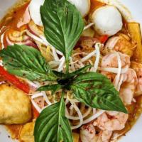 Curry Laska Soup · Fragrant, fully flavored, and mildly spicy. Spicy coconut curry broth with tomatoes.