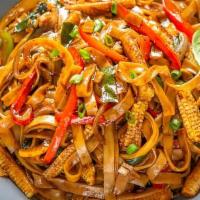 Drunken Noodle · Savory, slightly-sweet, and spicy. Wok-fried flat noodles made with eggs, onions, peppers, t...