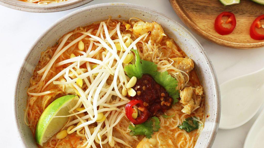 Ultimate Curry Laksa Noodle Soup · Fragrant, fully flavored, and mildly spicy. Spicy coconut curry broth made with choice of noodles, mint, tomatoes.