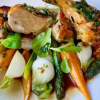 Roasted Chicken · brick oven-roasted half chicken, spring onion, carrots, asparagus, sugo