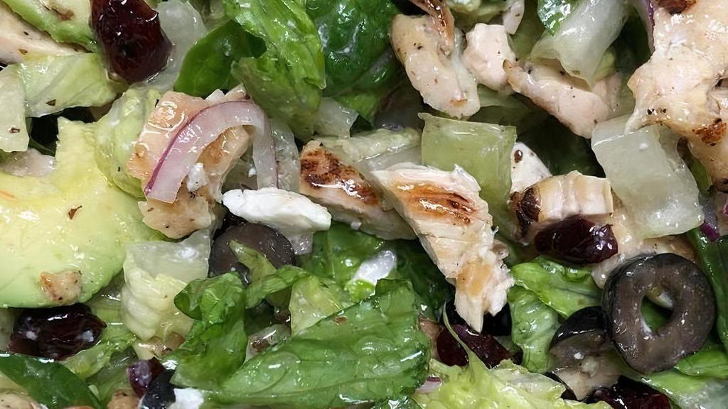 Randy'S Salad · GRILLED CHICKEN OVER ROMAINE LETTUCE W/FETA CHEESE, GREEN OLIVES, RED ONIONS, AVOCADO & CRAISINS  W/GREEK SALAD DRESSING