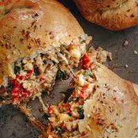 Mediterranean Pasty · breaded eggplant, mozzarella, parmesan, tomatoes, spinach, red peppers, fresh basil & garlic