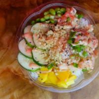 Maui Wowie Small Bowl · Fresh salmon, white onion, cucumber, edamame, mango, scallions, sesame seeds, tempura flakes...