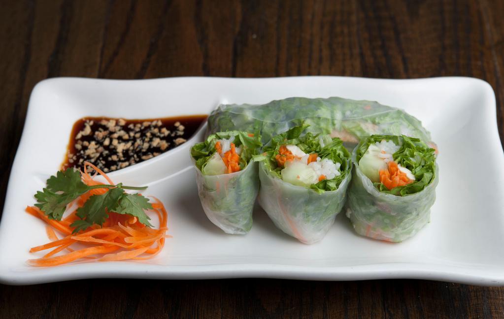 Fresh Summer Roll · Fresh vegetable, tofu, vermicelli noodle wrap with rice paper served with homemade tamarind sauce and crush peanut.
