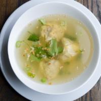 Wonton Soup · Chicken and shrimp dumpling in clear soup, fried garlic, scallion and cilantro.