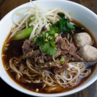 Beef Noodle Soup · Thin rice noddle in dark broth, Chinese broccoli, bean sprout, celery, scallion, cilantro an...