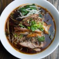 Duck Noodle Soup · Thin rice noddle in dark broth, Chinese broccoli, bean sprout, celery, scallion, cilantro an...