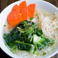 Vegetable Noodle Soup · Thin rice noddle in clear soup with vegetable dumpling, mix vegetable, cilantro and garlic.