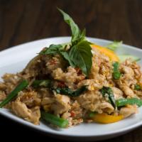 Spicy Basil Fried Rice · Choice of meat with bell peppers, green beans, bamboo, onions, chili and basil leaves.