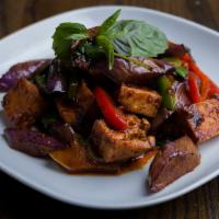Tofu With Eggplant · Eggplant, tofu saute with homemade sauce, fresh basil and bell pepper served with rice. Spicy.