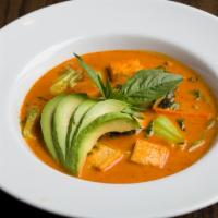 Avocado Curry · Fresh avocado in red curry sauce with mix vegetable, tofu, bamboo shoot and bell pepper serv...
