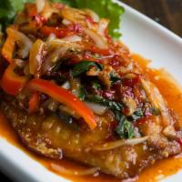 Fish With Sweet Chili Sauce · Homemade chili sauce, bell pepper, basil and onion. Served with rice. Spicy.
