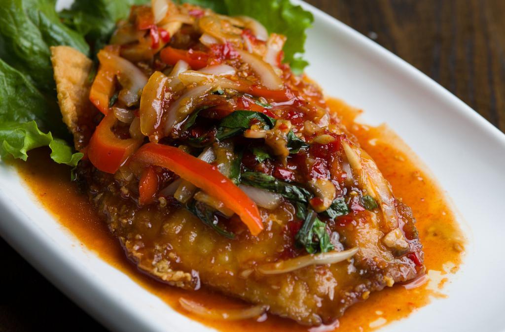 Fish With Sweet Chili Sauce · Homemade chili sauce, bell pepper, basil and onion. Served with rice. Spicy.