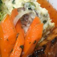 Wild Salmon · Grilled, Honey Glazed or Honey Garlic served with creamy mash potatoes and garlic steamed ve...