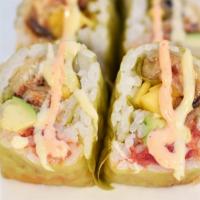 Green Monster · Crunchy spicy tuna, mango, avocado and tempura eel wrapped in green soy paper and drizzled w...