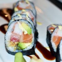 Angel Kiss · Yellowtail, salmon, eel, crabmeat, avocado and pickled squash topped with spicy mayo and eel...