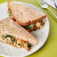 Albacore Tuna Sandwich · Albacore tuna ,crisp romaine,organic baby spinach, sliced tomato,micro greens and choice of ...