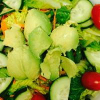 Mixed Green Salad · Mixed greens  romaine+organic baby spinach, tomato, crunchy carrots, micro-greens cucumber. ...