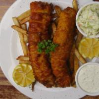 Dublin Style Fish & Chips · Beer battered Atlantic cod -fried till crispy and golden brown and our hand-cut fries, serve...