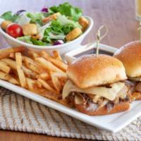 Philly Cheese Steak Sliders · Thinly sliced grilled steak served on hoagies with melted provolone cheese, grilled peppers ...