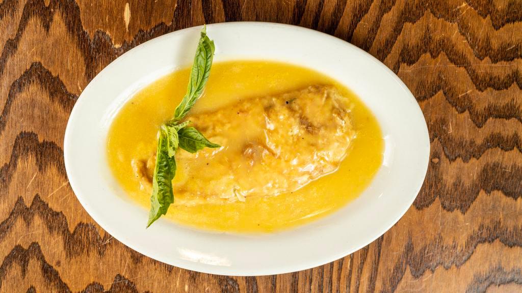 Francese · Melt-in-your-mouth and drenched in a buttery lemon-wine sauce. With a choice of pasta with tomato sauce, garlic and oil, house, or Caesar salad.