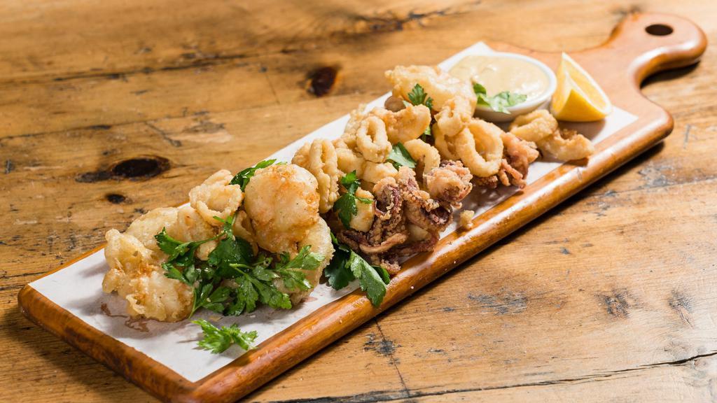 Fritto Misto  · fried calamari, shrimp & seasonal vegetables with preserved tuna capers aioli dip