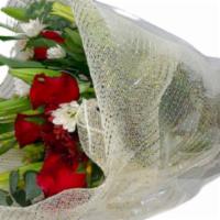 Happy Birthday Bouquet · Sunflower, white Asiatic lily, red roses, white and purple daisies, eucalyptus and green. 
W...