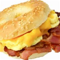 The Bacon, Egg & Cheese Sandwich · Fresh sizzling scrambled eggs, crispy bacon strips  and cheese on customer's choice of bread.