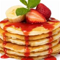 Strawberry Pancakes · 3 pieces of fluffy strawberry pancakes.