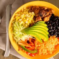 Grilled Tijuana Steak Bowl · Spanish rice, sauteed peppers, onions, avocado, black beans, corn and lettuce.