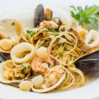 Capellini Frutti Di Mare · Angel Hair pasta with mixed seafood, white wine, garlic and oil.