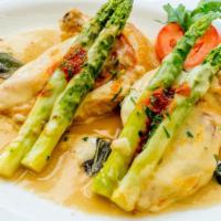 Pollo Farcito · Chicken breast sauteed with white wine, shallots, sage, topped with prosciutto asparagus and...