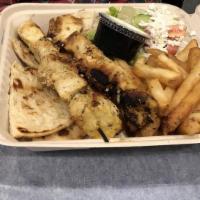 Chicken Souvlaki Plate · Served with pita, side of tzatziki and a choice of lemon potatoes, french fries or brown rice.