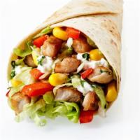 Chicken Burrito · Grilled shredded chicken stuffed with lettuce, rice, beans, avocado, mozzarella cheese and s...