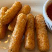 Mozzarella Sticks · Deep fried cheese sticks. Crispy on the outside, gooey on the inside. Served with a side of ...