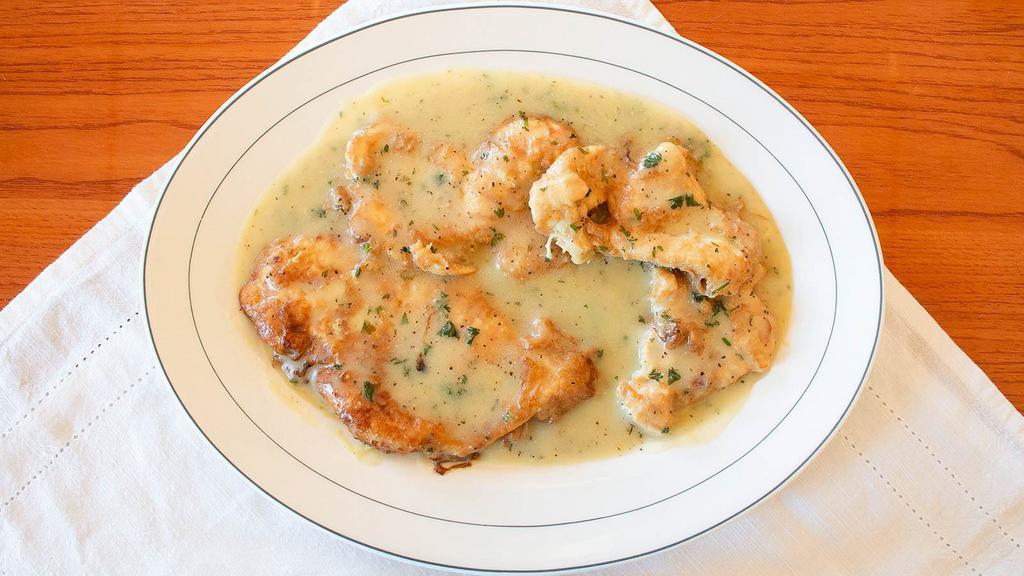 Chicken Francaise · Chicken breast sauteed with a delicious lemon and white wine sauce