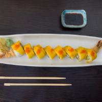 Mango Tango Roll · Shrimp tempura avocado and cucumber inside, outside mango and tobiko on top with special sau...