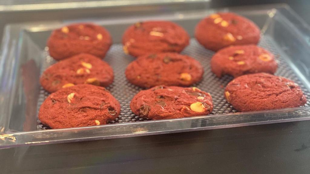 Fresh Baked Cookies · Red velvet choc chip, oatmeal raisin peanut butter.