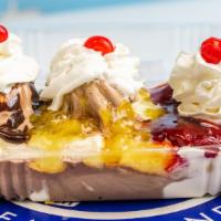 Banana Split · 3 Scoops of Ice Cream and 2 Toppings. Includes Whipped Cream and a Cherry!