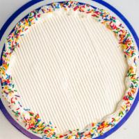 8” Round Cake · Half vanilla and half chocolate with cake crunch in the middle. Inscription on the cake can ...