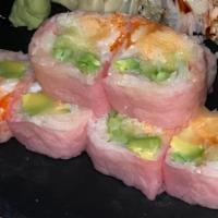 T Roll · Spicy salmon, shrimp tempura, avocado, cucumber and caviar; wrapped in pink soy paper.