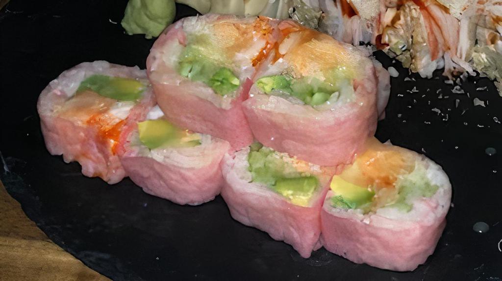 T Roll · Spicy salmon, shrimp tempura, avocado, cucumber and caviar; wrapped in pink soy paper.