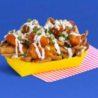 Buffalo Fries · Fresh cut french fries with fried chicken bits, buffalo sauce, shredded cheese, blue cheese ...