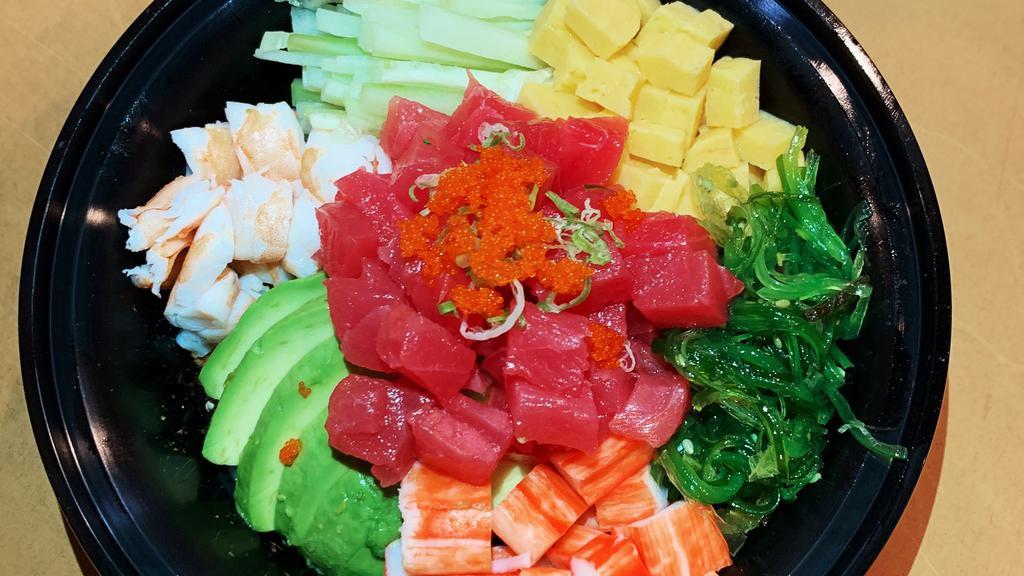 Tuna Bowl · Fresh tuna, avocado, crabmeat, shrimp, tamago, seaweed salad.