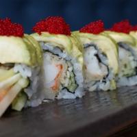Larry The Lobster · lobster tail tempura, avocado, cucumber, red tobiko, scallion, and spicy mayo