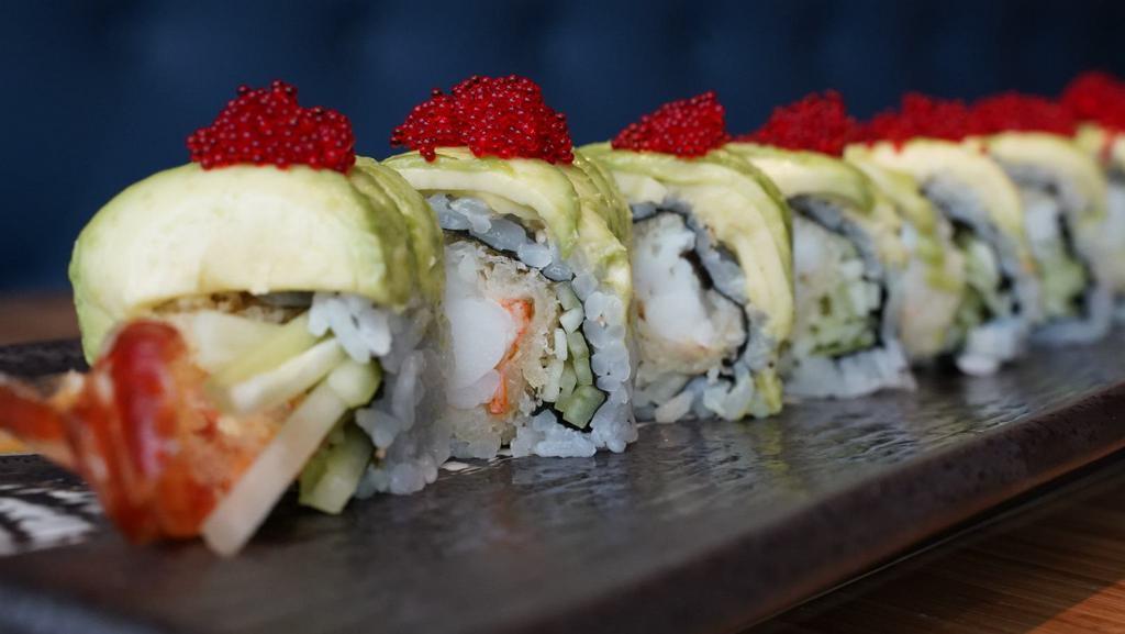 Larry The Lobster · lobster tail tempura, avocado, cucumber, red tobiko, scallion, and spicy mayo