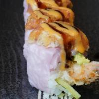 Shrimp On Fire! Help! Help! · shrimp tempura, avocado, cucumber, soy paper, spicy crunchy tuna, eel sauce, and spicy sauce
