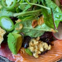 Rainbow Sashimi Salad · yellowtail, tuna, salmon, avocado, mix green salad, serrano, crispy shallot, crispy nori and...