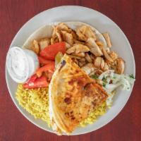 Chicken Shawarma Platter · Fresh shredded chicken shawerma with spicy vegetable aryes and fresh vegetable with white sa...