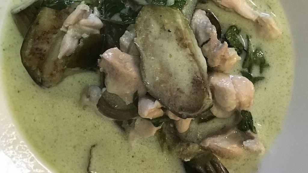 Green Curry · GAENG KIEW WAN: Green curry paste simmered in coconut milk eggplant and thai basil.